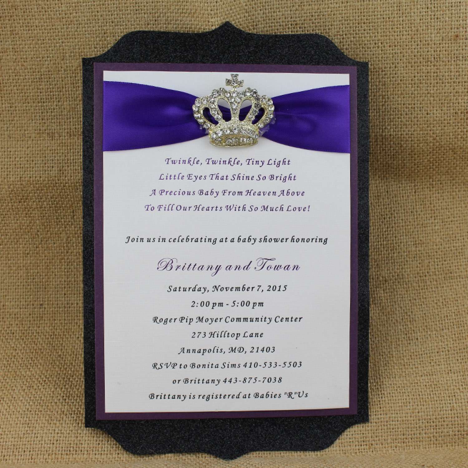 Purple Invitation Card with Crown Buckle Glitter Baby Shower Honoring Invitation
